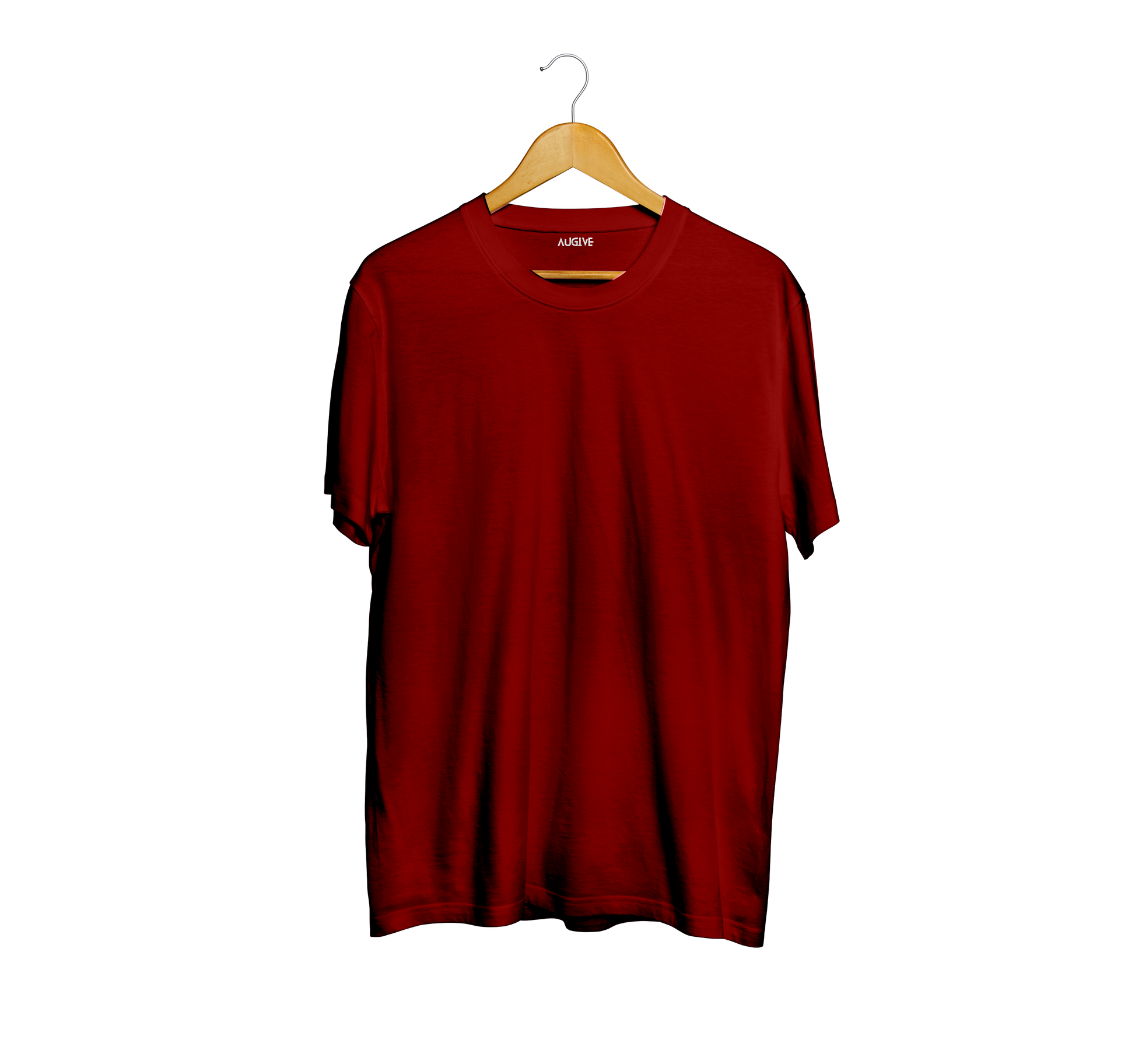 Classic red t-shirt for men displayed on a wooden hanger against a black background