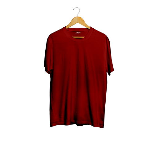 Classic red t-shirt for men displayed on a wooden hanger against a black background