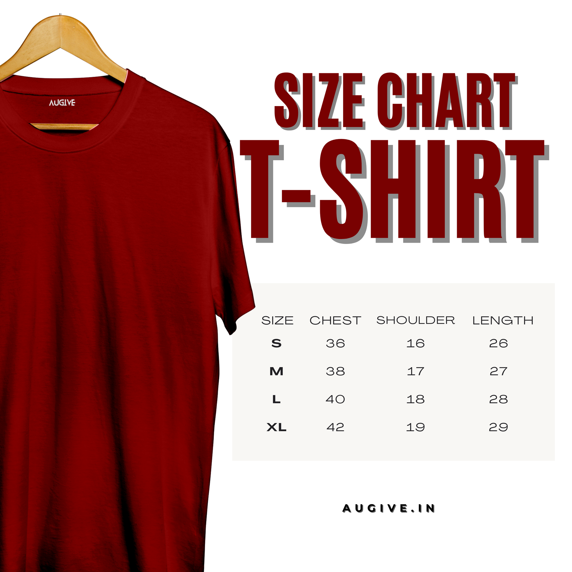 Classic red t-shirt for men displayed on a hanger with size chart including chest shoulder and length measurements
