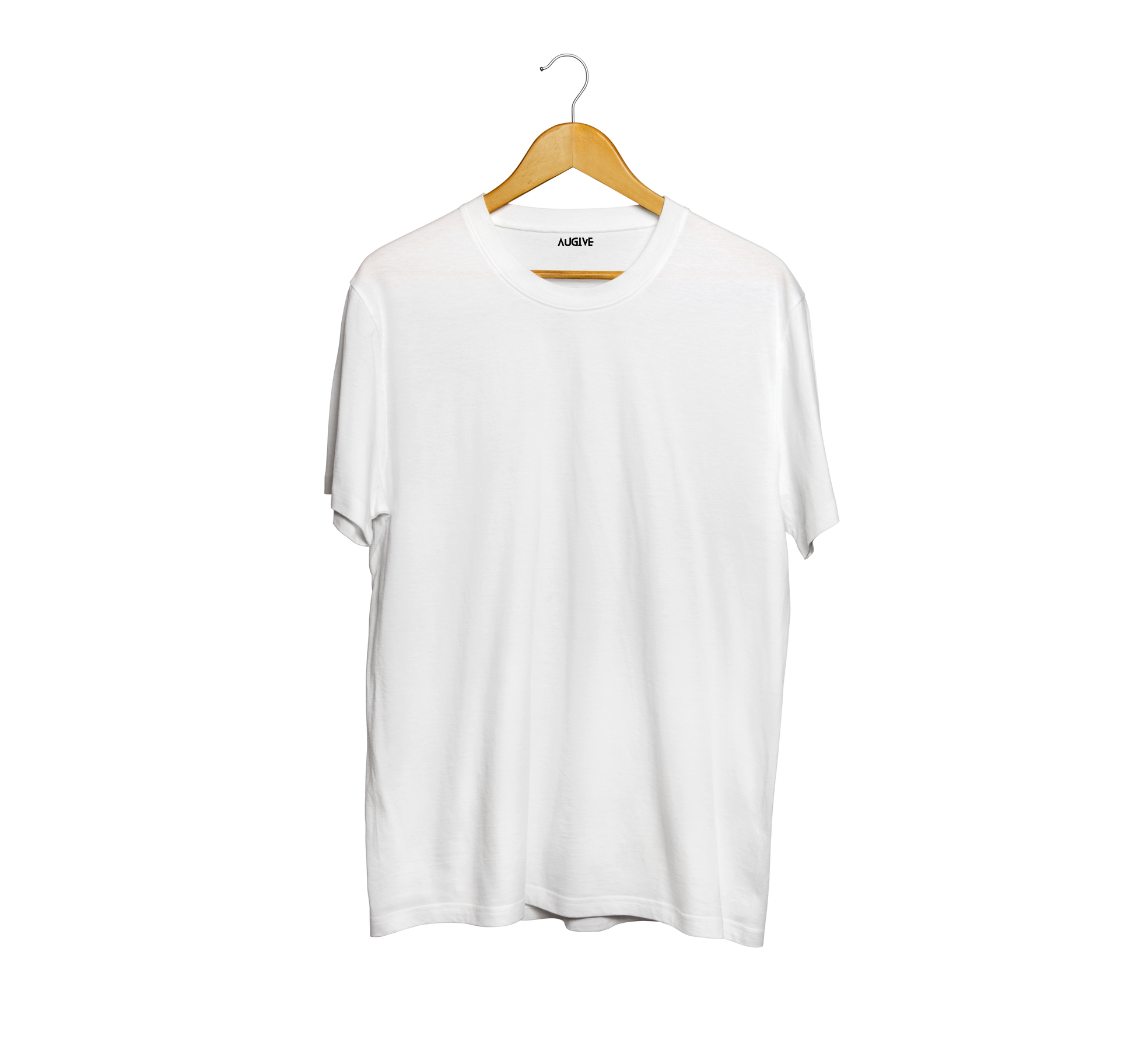 Classic white t-shirt hanging on wooden hanger against black background from My Store