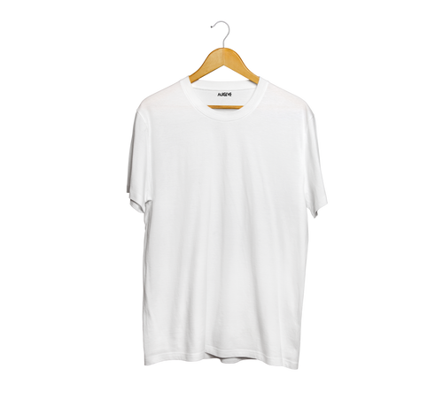 Classic white t-shirt hanging on wooden hanger against black background from My Store